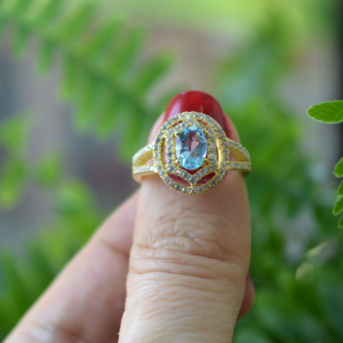 Inel argint aurit, Sky Blue Topaz si  halo CZ A Vintage Collection [3]