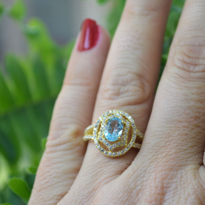 Inel argint aurit, Sky Blue Topaz si  halo CZ A Vintage Collection [4]
