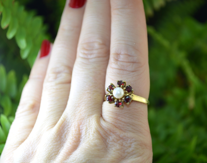 Inel argint aurit vintage, granate si perla [2]