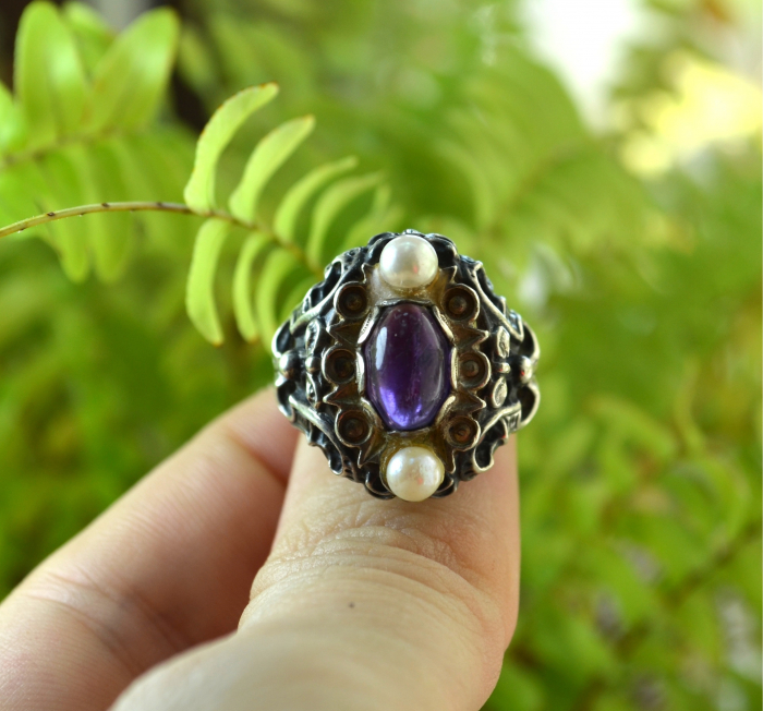 Inel argint Baroque, ametist natural si perle [4]