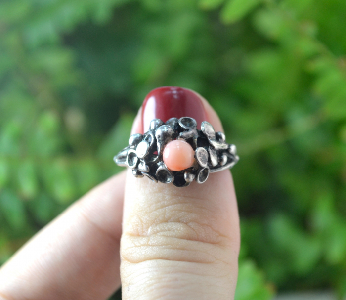 Inel argint brutalist, coral roz [4]