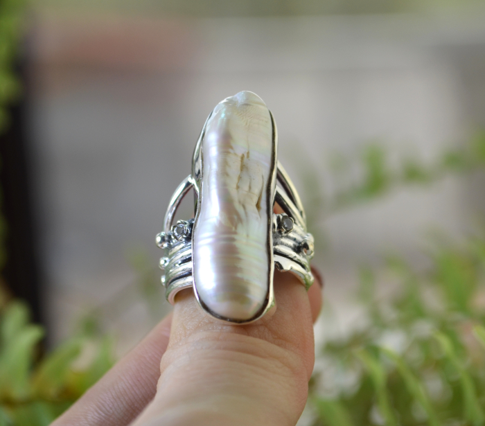 Inel argint cu perla Biwa naturala si cristale CZ A Vintage Collection [4]