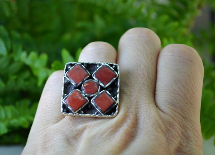 Inel argint etnic statement, decorat Carneol rosu [2]