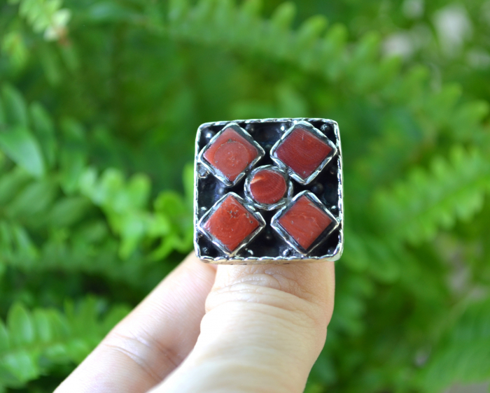 Inel argint etnic statement, decorat Carneol rosu [4]