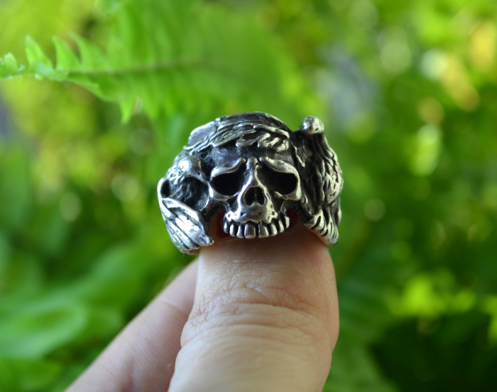 Inel argint masiv vintage Raven and Skull [4]