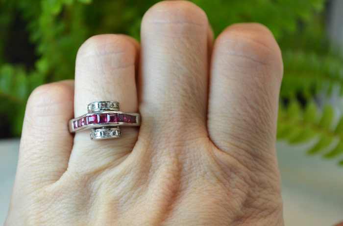 Inel argint rodiat cu rubine Baguette art deco [2]