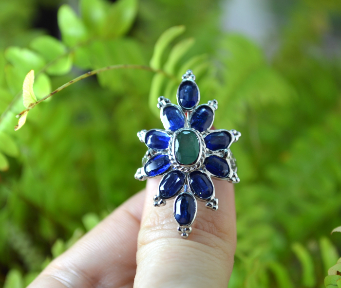 Inel argint rodiat, smarald si kyanite naturale [4]