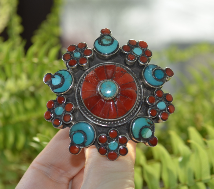 Inel argint tibetano-nepalez masiv, turcoaz si coral a Vintage Collection [5]