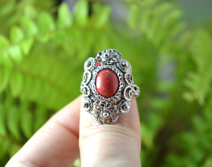 Inel argint vechi balcanic, filigran, coral natural [4]