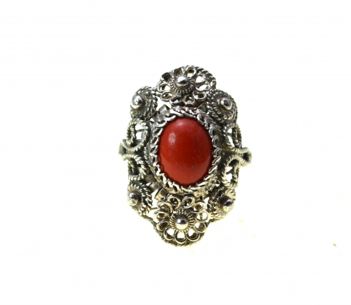 Inel argint vechi balcanic, filigran, coral natural [1]