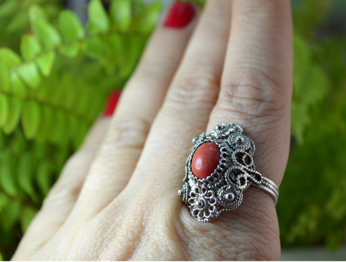 Inel argint vechi balcanic, filigran, coral natural [3]