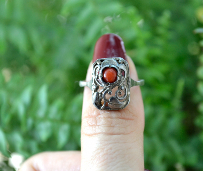Inel argint vechi, coral natural, Jugendstil [4]