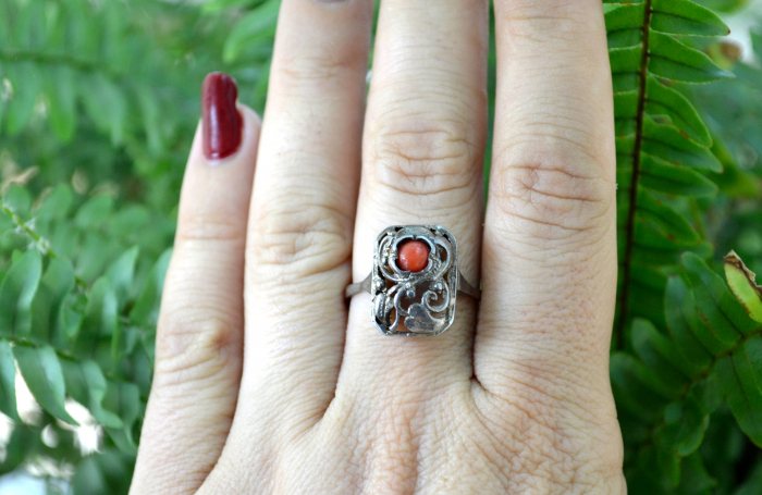 Inel argint vechi, coral natural, Jugendstil [2]
