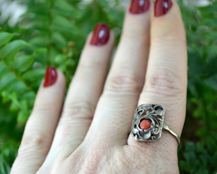Inel argint vechi, coral natural, Jugendstil [3]
