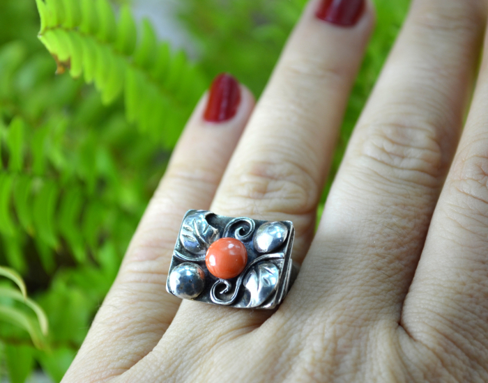 Inel argint vechi, coral natural, Jugendstil autentic [4]