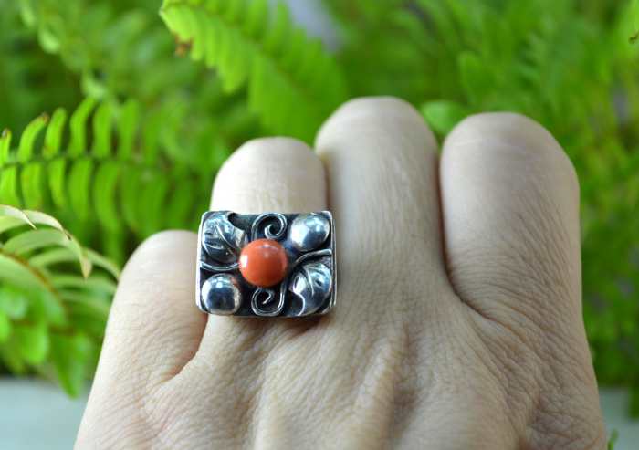 Inel argint vechi, coral natural, Jugendstil autentic [2]
