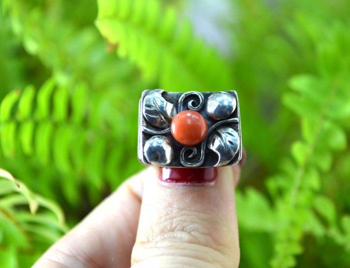 Inel argint vechi, coral natural, Jugendstil autentic [3]