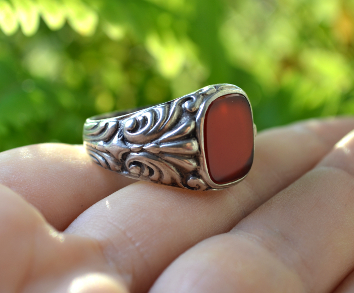 Inel argint vechi de barbat, model Chevalier, Carneol [3]
