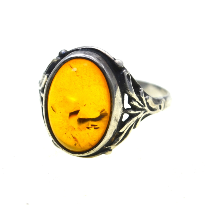 Inel argint vintage, chihlimbar, montura florala [1]