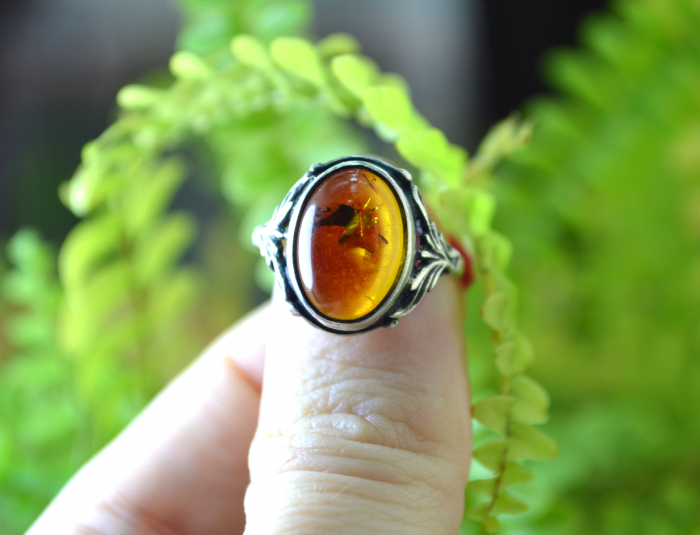 Inel argint vintage, chihlimbar, montura florala [4]