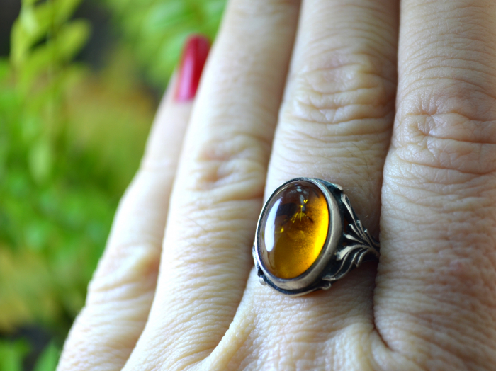 Inel argint vintage, chihlimbar, montura florala [2]