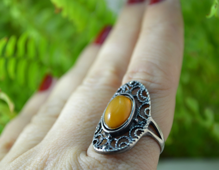 Inel argint vintage, chihlimbar natural, montura filigranata [2]