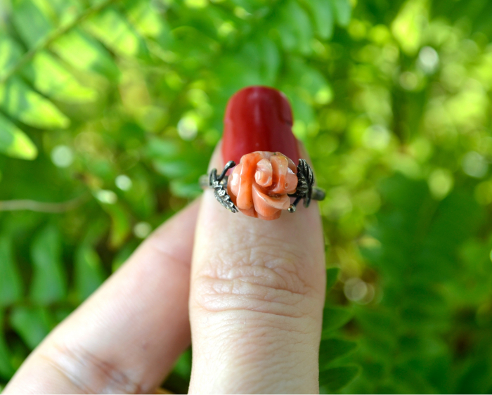 Inel argint vintage Coral natural Sardinia model trandafir sculptat manual [2]