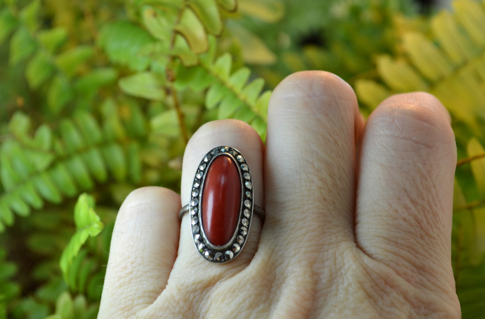 Inel argint vintage decorat coral natural marcasite stil art deco [3]