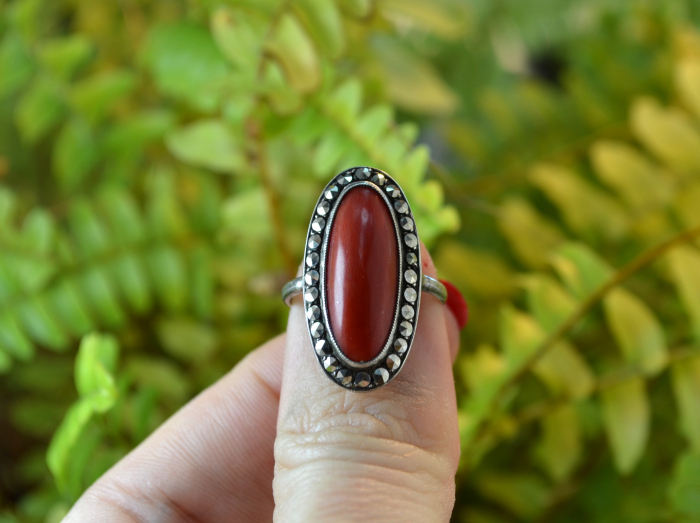 Inel argint vintage decorat coral natural marcasite stil art deco [4]