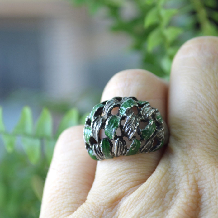 Inel argint vintage Dome cu email verde, semnat A Vintage Collection [3]