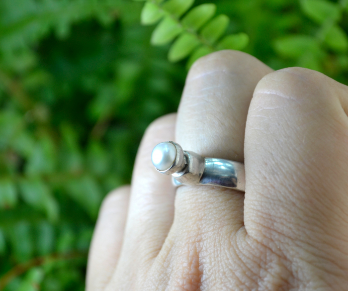 Inel argint vintage perla naturala solitaire design modernist relief [3]