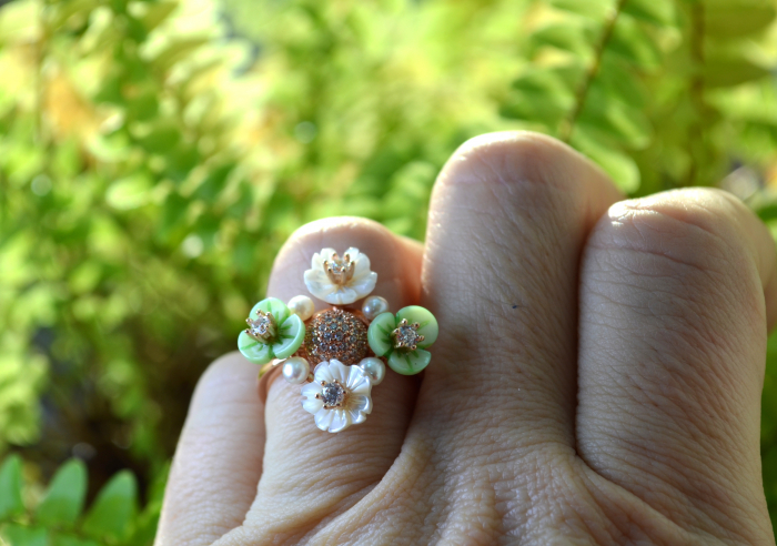 Inel din argint aurit, perlute, sidef si cristale CZ [3]