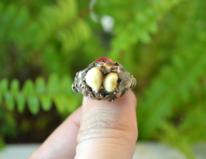 Inel din argint aurit vechi, Charivari, perle de caprioara [2]