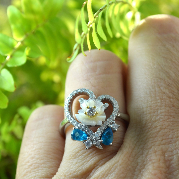 Inel din argint, Blue Apatite, sidef si cristale CZ [3]