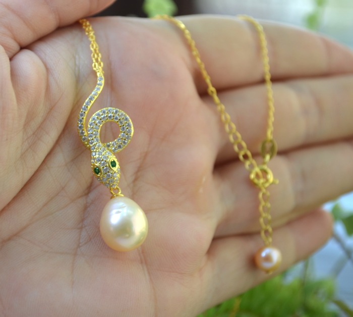 Lant argint aurit cu pandant Snake perla roz A Vintage Collection [2]