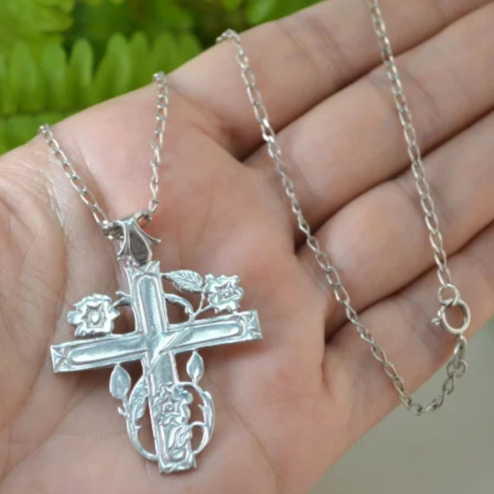 Lant argint crucifix religios ortodox cruce crestina trandafiri [2]