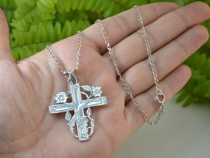 Lant argint crucifix religios ortodox cruce crestina trandafiri [2]