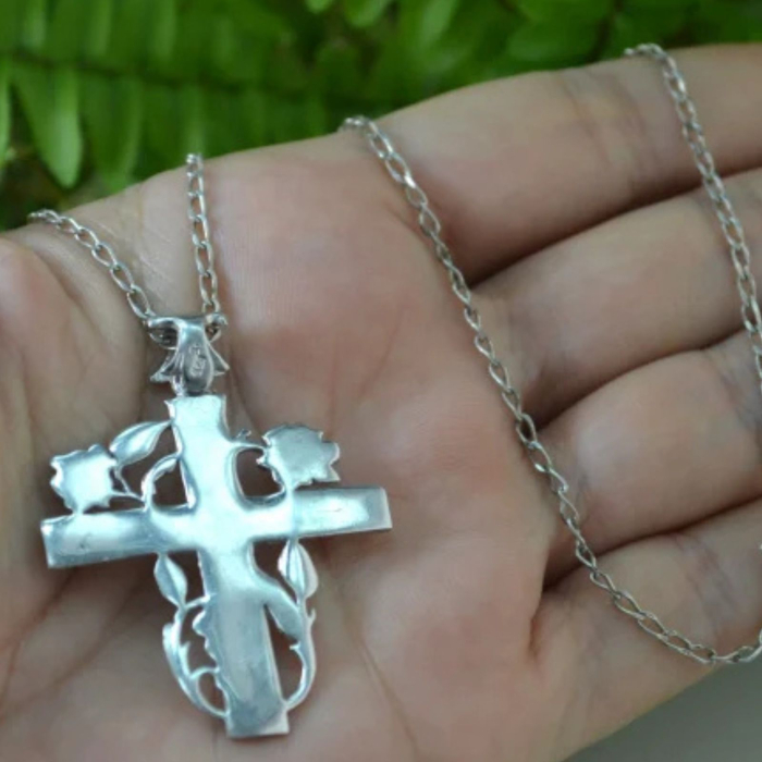 Lant argint crucifix religios ortodox cruce crestina trandafiri [3]