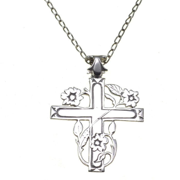 Lant argint crucifix religios ortodox cruce crestina trandafiri [1]