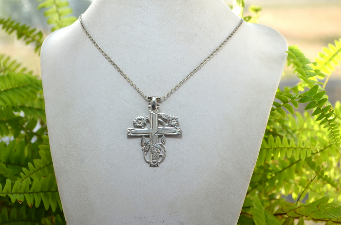 Lant argint crucifix religios ortodox cruce crestina trandafiri [4]