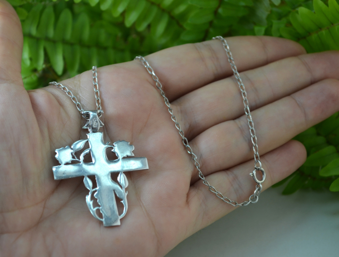 Lant argint crucifix religios ortodox cruce crestina trandafiri [3]