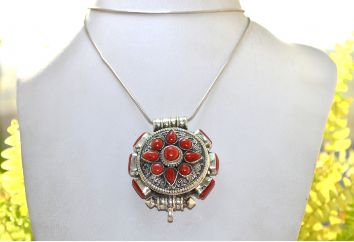 Lant argint cu pandant argint masiv etnic, amuleta-cutiuta tibetana Ghau [5]