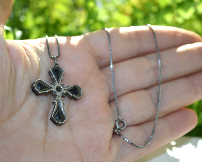 Lant argint cu cruce argint veche Neobaroca, Black Crystals [2]