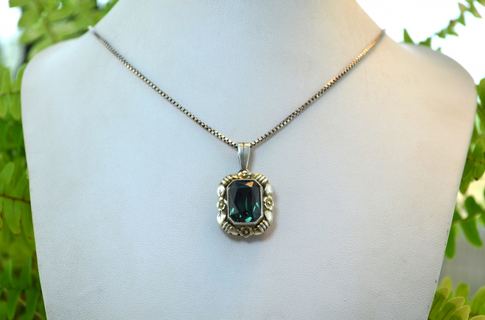 Lant argint pandant antic Bohemian Green Emerald Crystal art nouveau jugendstil [4]