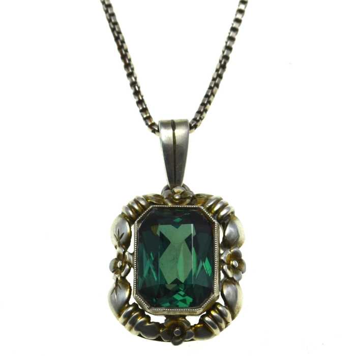 Lant argint pandant antic Bohemian Green Emerald Crystal art nouveau jugendstil [1]