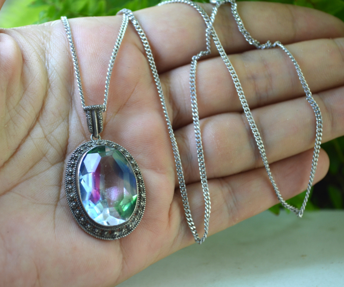 Lant argint cu pandant argint Art Deco, Czech Bohemian Rainbow Art Glass [2]