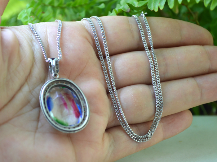 Lant argint cu pandant argint Art Deco, Czech Bohemian Rainbow Art Glass [3]