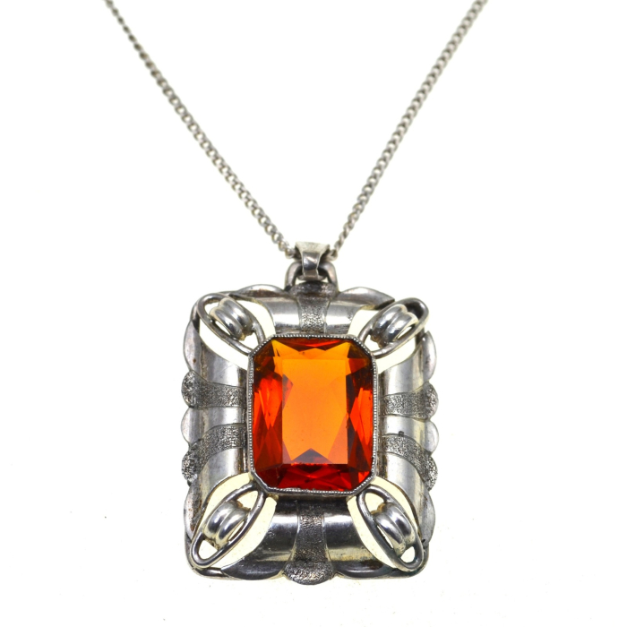 Lant argint cu pandant argint interbelic, Bohemian Cognac Crystal [1]