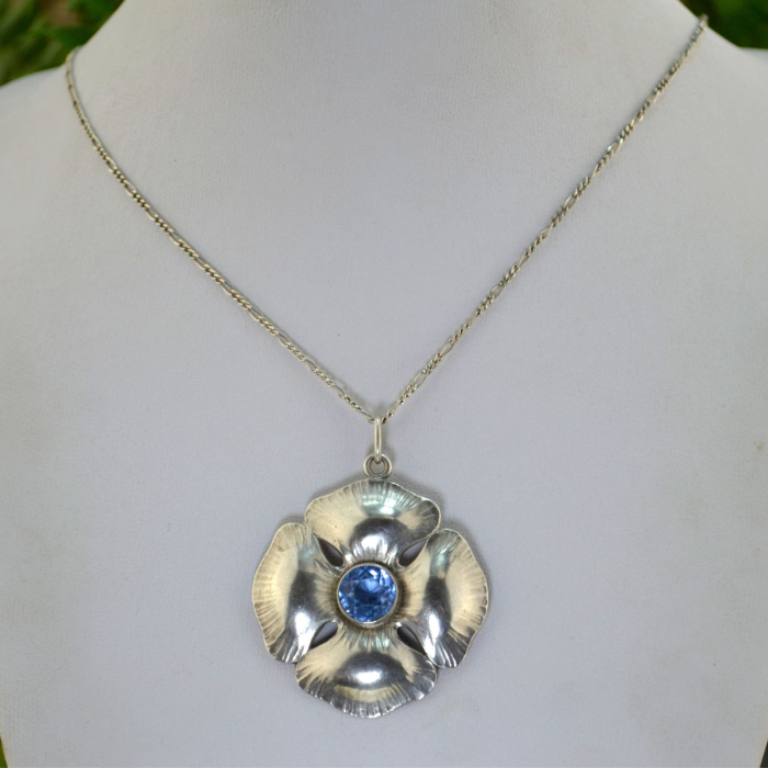 Lant argint pandant argint interbelic anturaj Czech Blue Aquamarine Bohemian Glass design floral Art Nouveau [4]