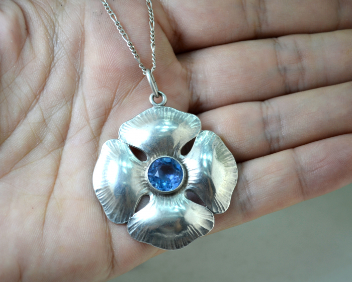 Lant argint pandant argint interbelic anturaj Czech Blue Aquamarine Bohemian Glass design floral Art Nouveau [2]